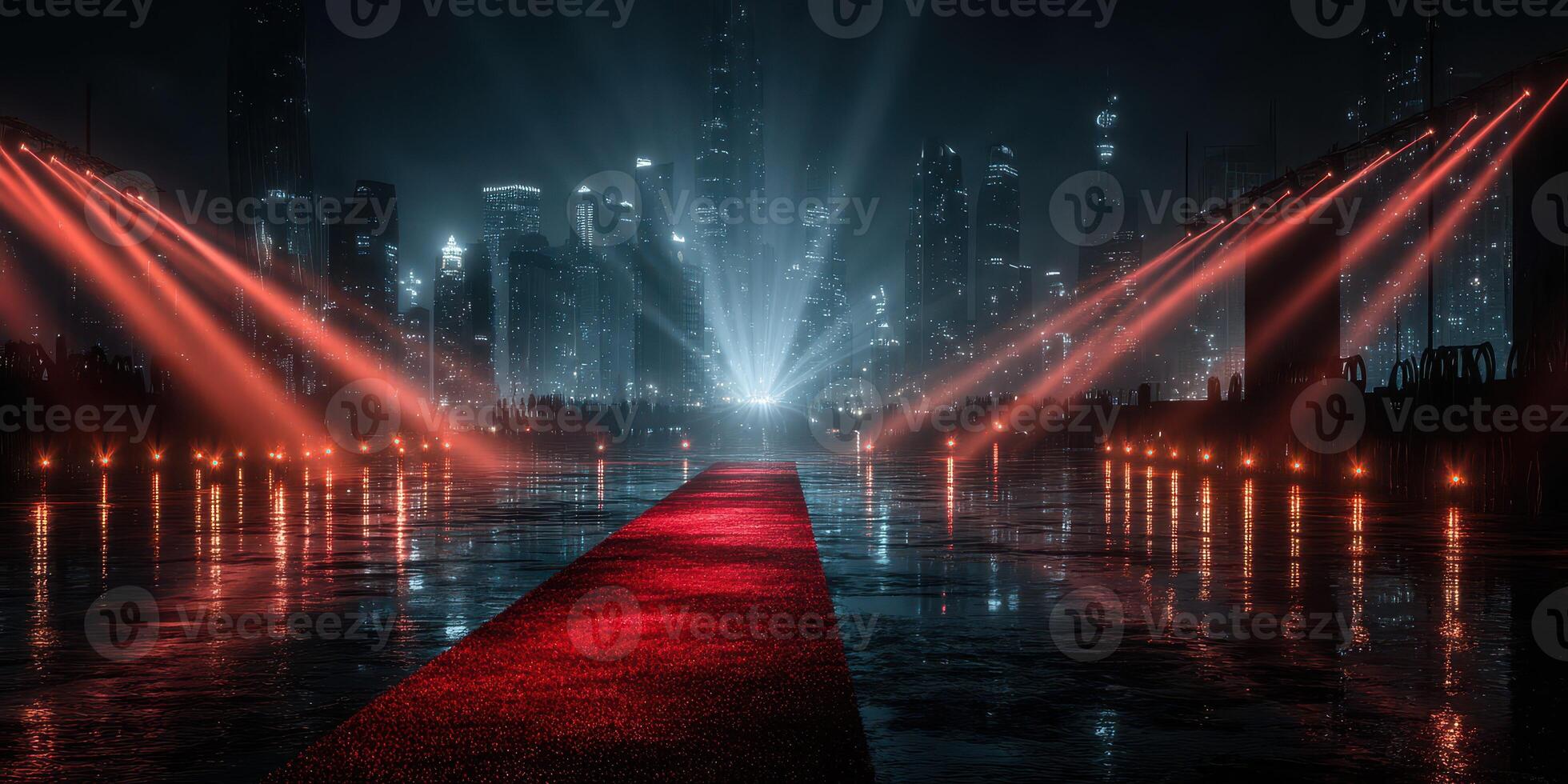 Dramatic party entrance illuminated by red lights with a city skyline backdrop at night photo