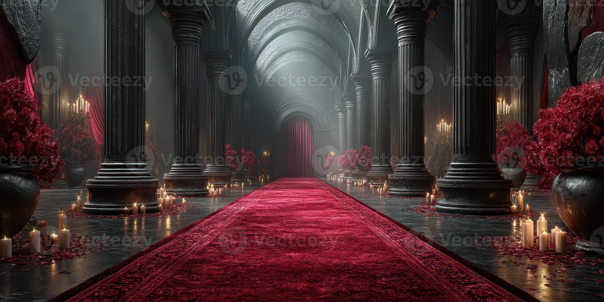 Elegant corridor adorned with roses and candles in a gothic setting at dusk photo