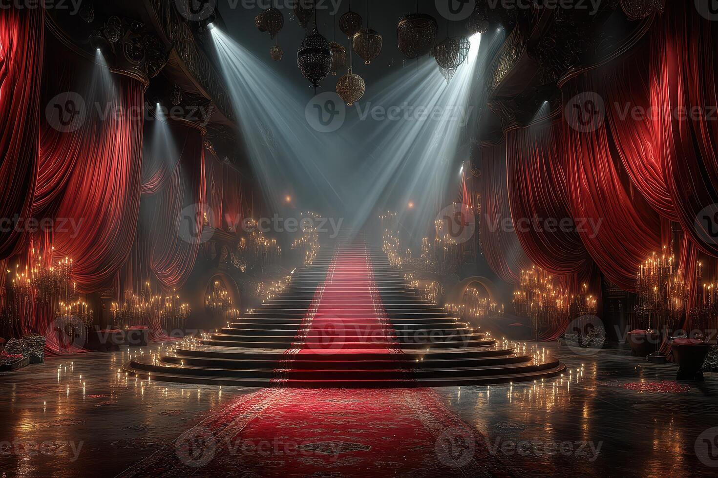 Grand staircase adorned with red drapery and candles in an opulent hall during twilight photo
