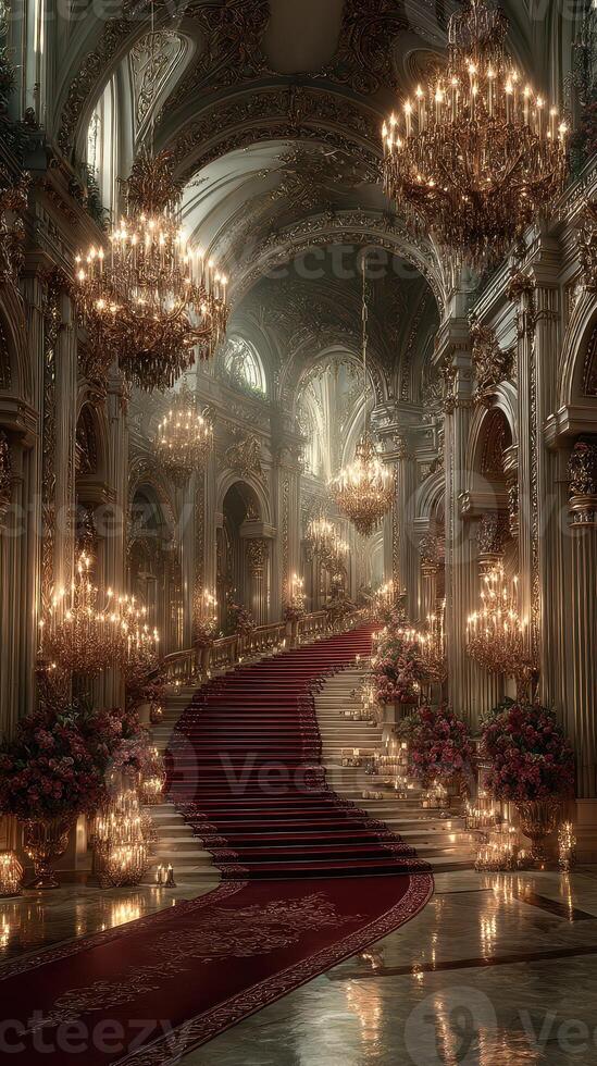 Majestic grand hall with ornate chandeliers and a red carpet leading to a luxurious staircase at twilight photo