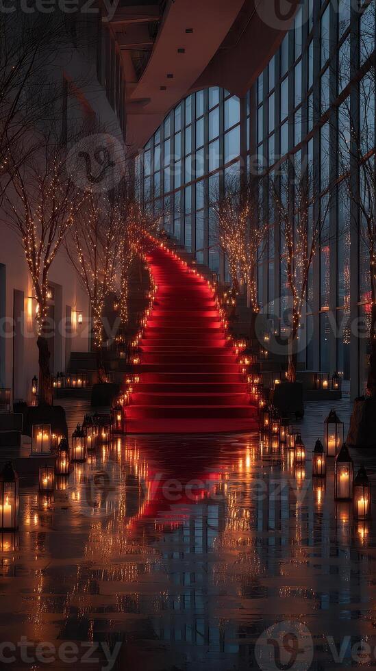 Elegant red carpet staircase illuminated by lanterns and fairy lights in a modern space during twilight photo