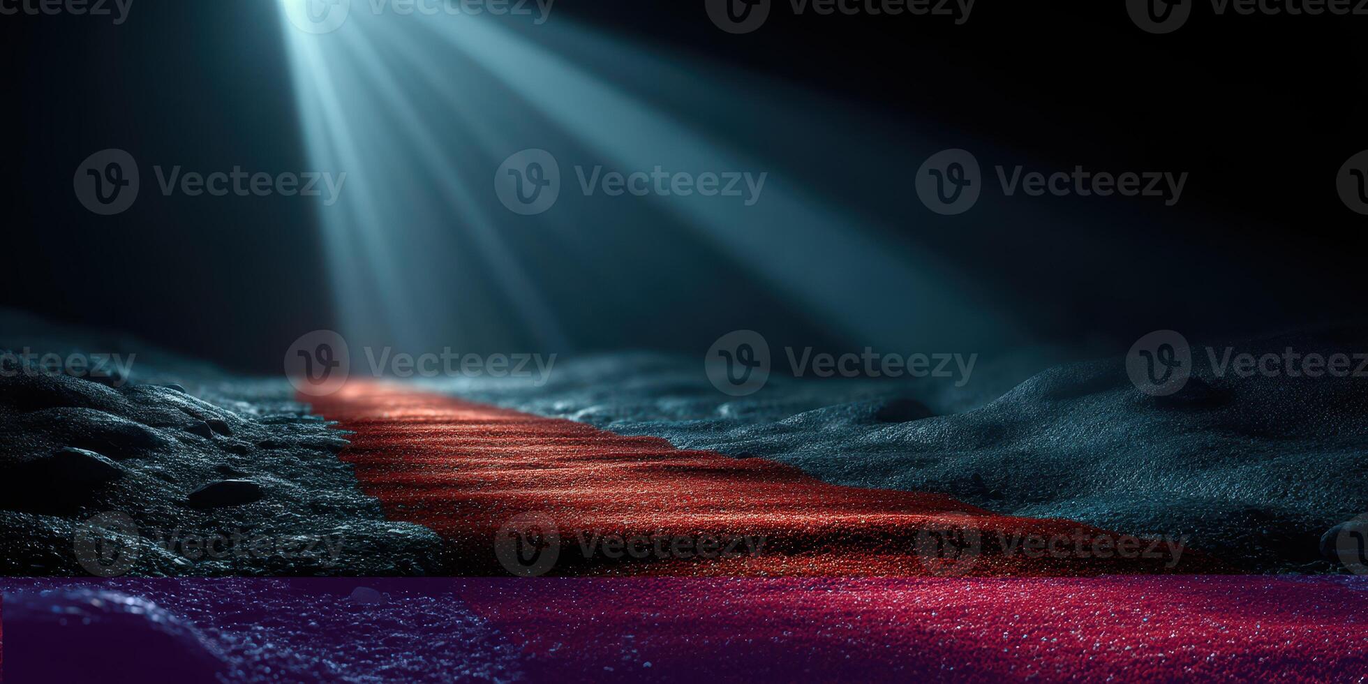 Mysterious red pathway illuminated by soft light in a dark, atmospheric environment photo