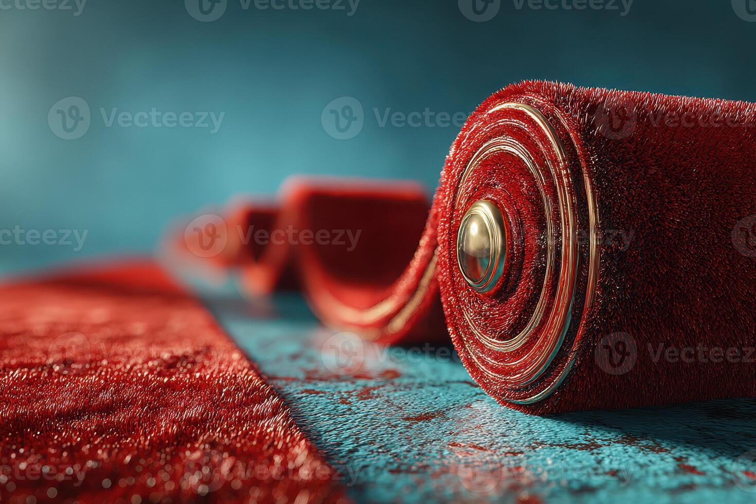 Vibrant red paint rollers ready for creative home projects on a blue surface photo