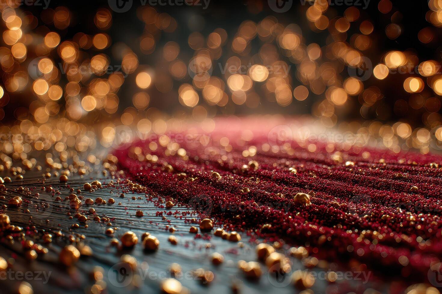 Glistening red and gold particles create a mesmerizing display on a dark wooden surface during a festive celebration photo