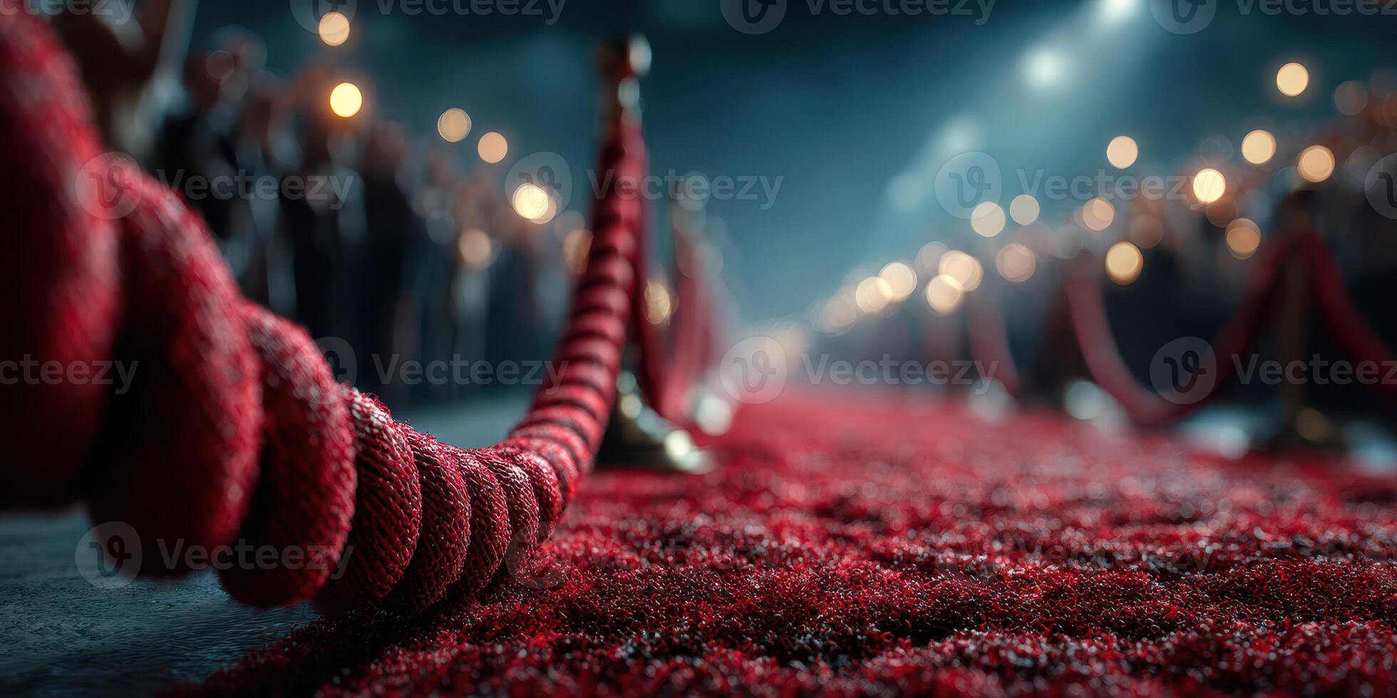 Elegant red carpet lined with velvet ropes awaits guests at a glamorous event in a dimly lit venue during the evening photo