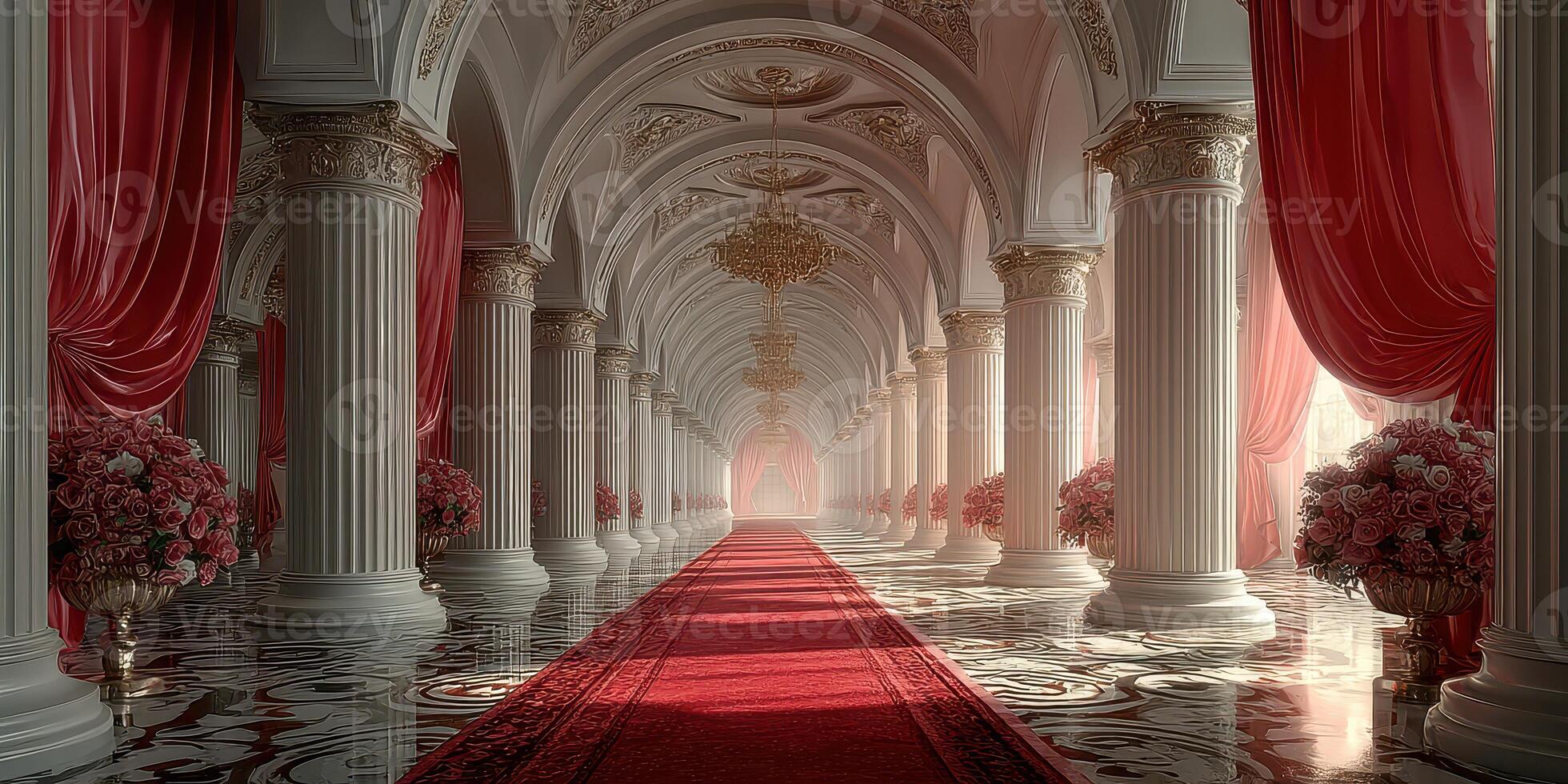 Elegant grand hallway adorned with red curtains and floral arrangements in a historic palace setting photo