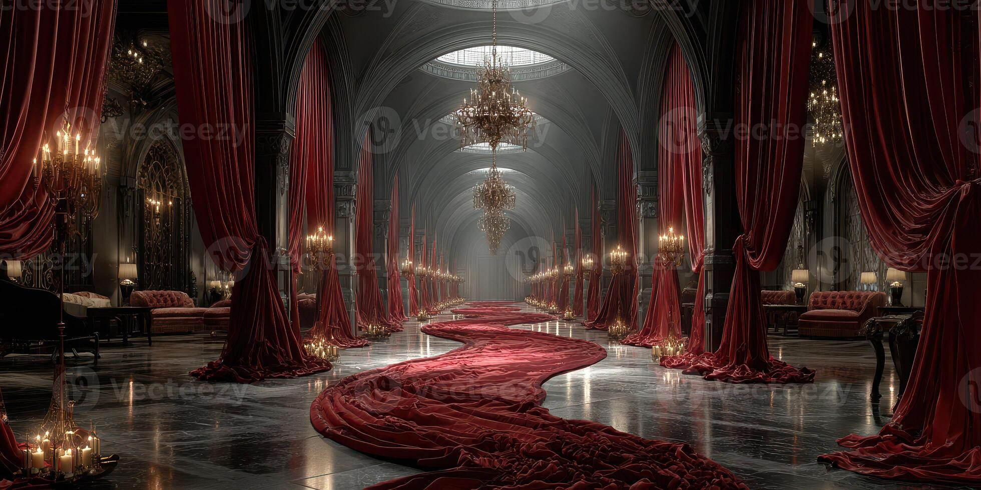 Elegant interior with rich red drapery and chandeliers in a grand hall during twilight hours photo