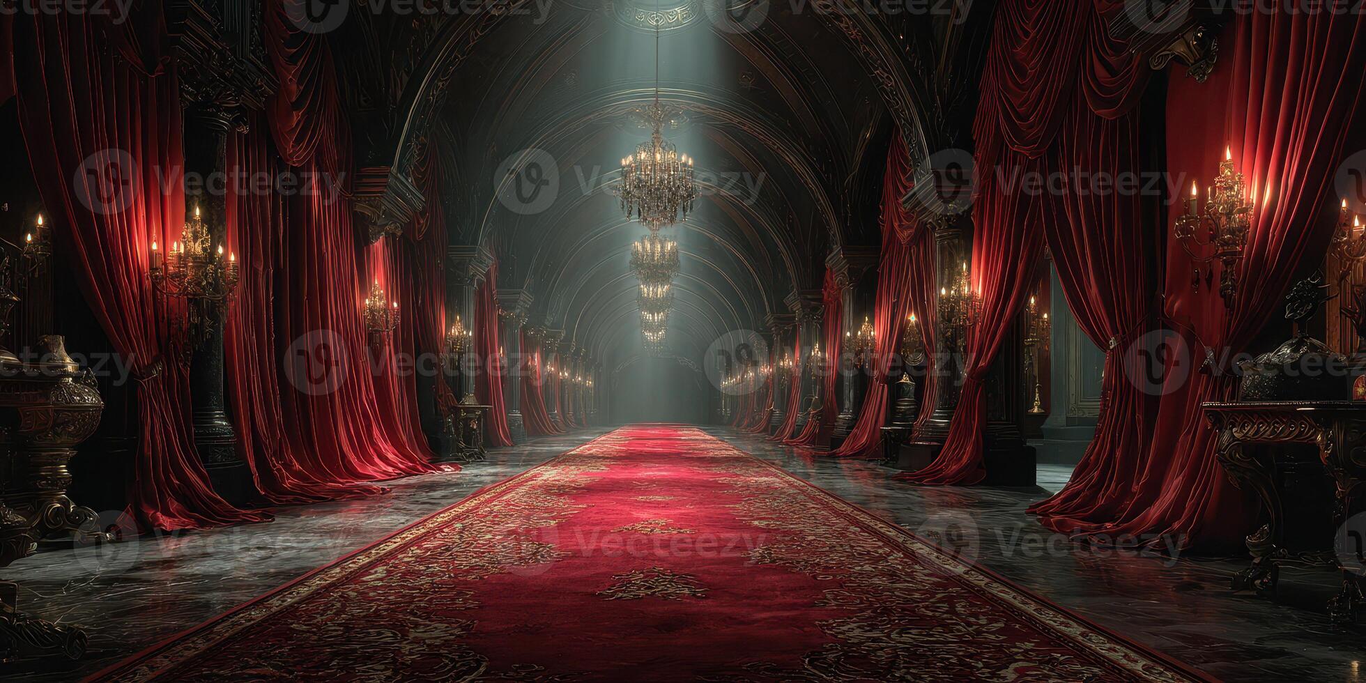 Elegant hallway with red curtains and chandeliers illuminated by soft light in a grand setting photo