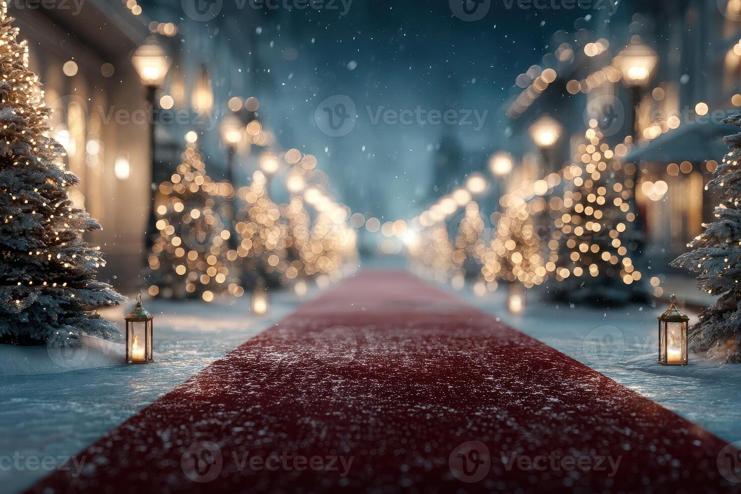 Stunning winter evening with a red carpet lined by illuminated Christmas trees and lanterns in a snowy street photo