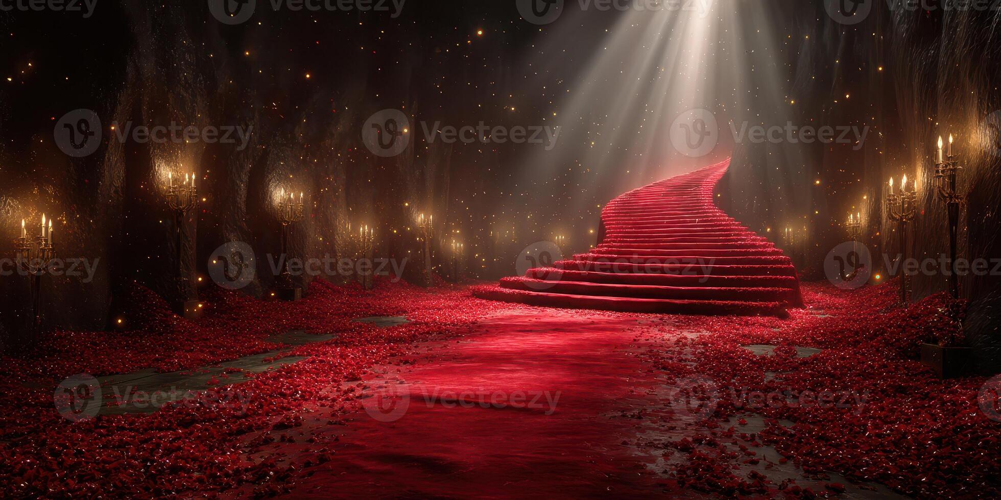 Stunning red staircase surrounded by rose petals and candlelight in an ethereal cavern at twilight photo