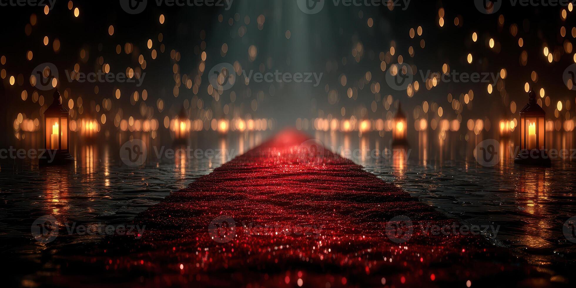 Elegant red carpet leading to a lit pathway surrounded by lanterns in an enchanting evening setting photo