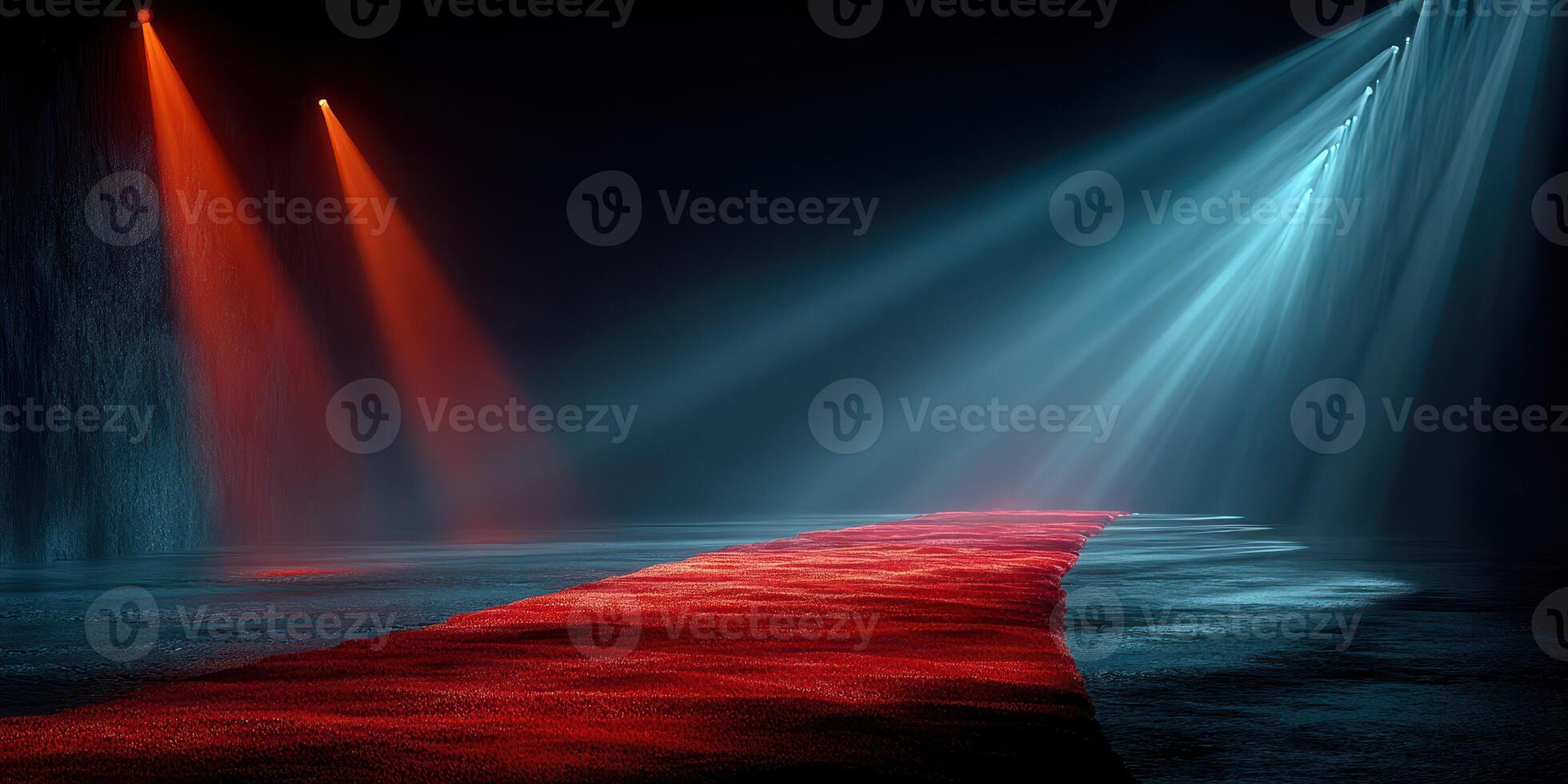 Dramatic lighting in an empty space with red and blue beams illuminating a textured red carpet photo