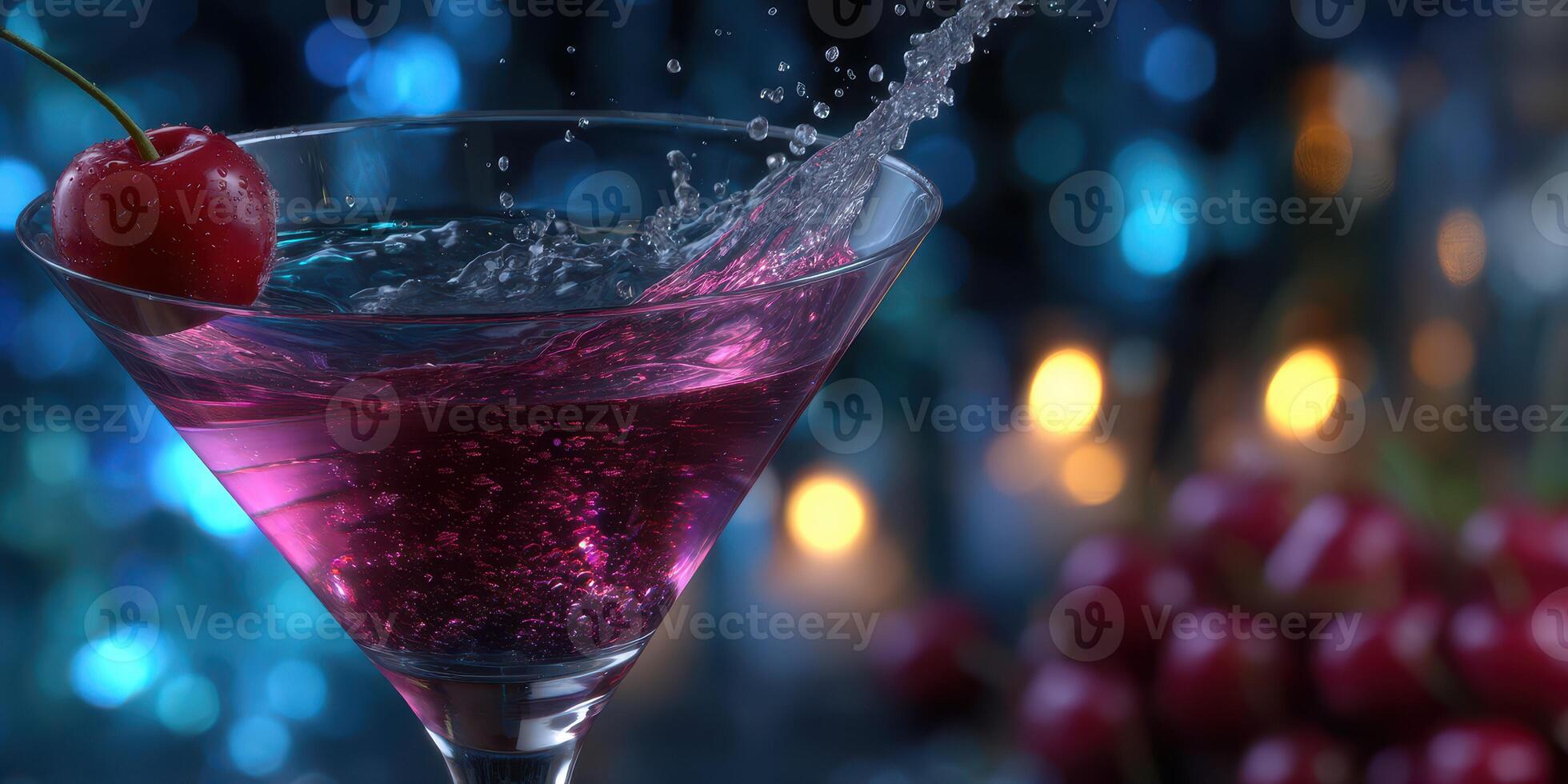 Colourful cocktail splashes in a martini glass with a cherry on a relaxing evening photo
