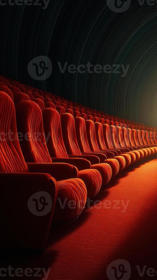 Elegant red seating illuminates a grand theater in soft light during a serene evening performance photo