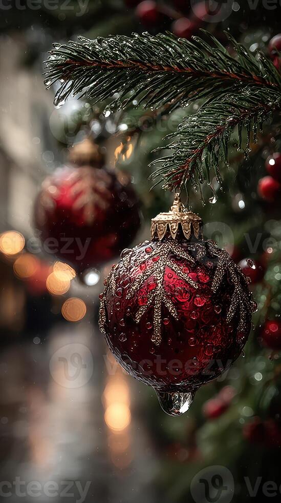 Decorative red Christmas ornaments adorn a winter tree in a city setting during a festive holiday season photo