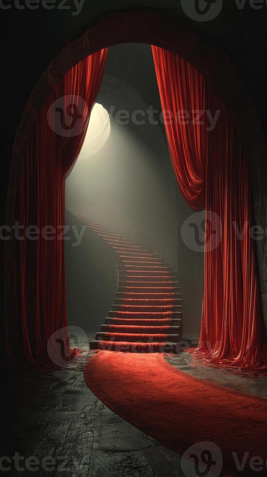 Elegant red curtains frame an enchanting staircase illuminated by soft light in a mystical setting photo