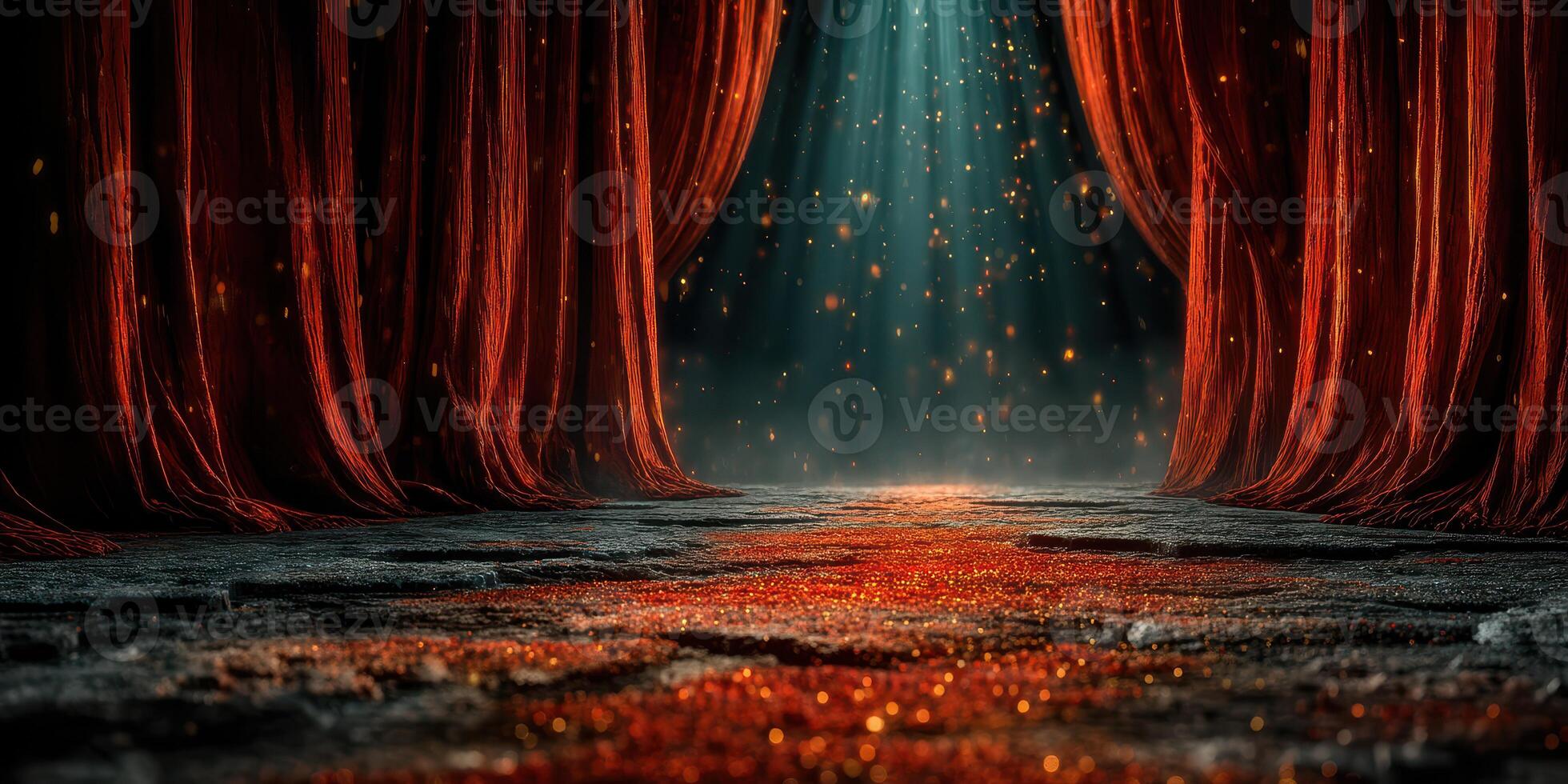 Stage backdrop with red curtains and glowing particles illuminated by light during a theatrical performance photo