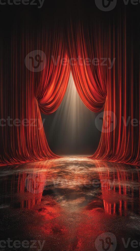 Red velvet curtains drawn back revealing a spotlight on an empty stage during a dramatic performance photo