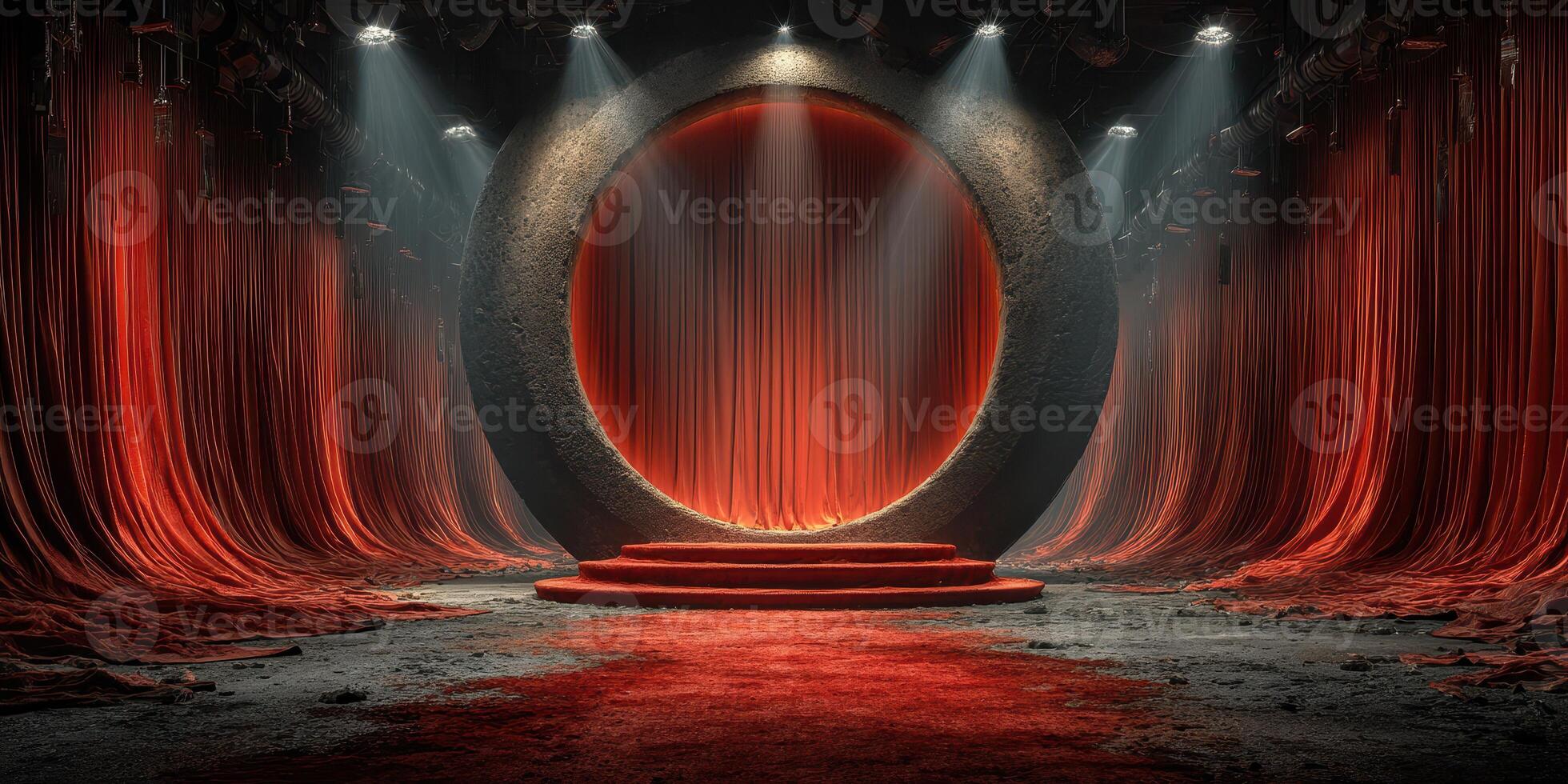 Stunning circular stage setup with dramatic red curtains and lighting for a theatrical performance or event photo