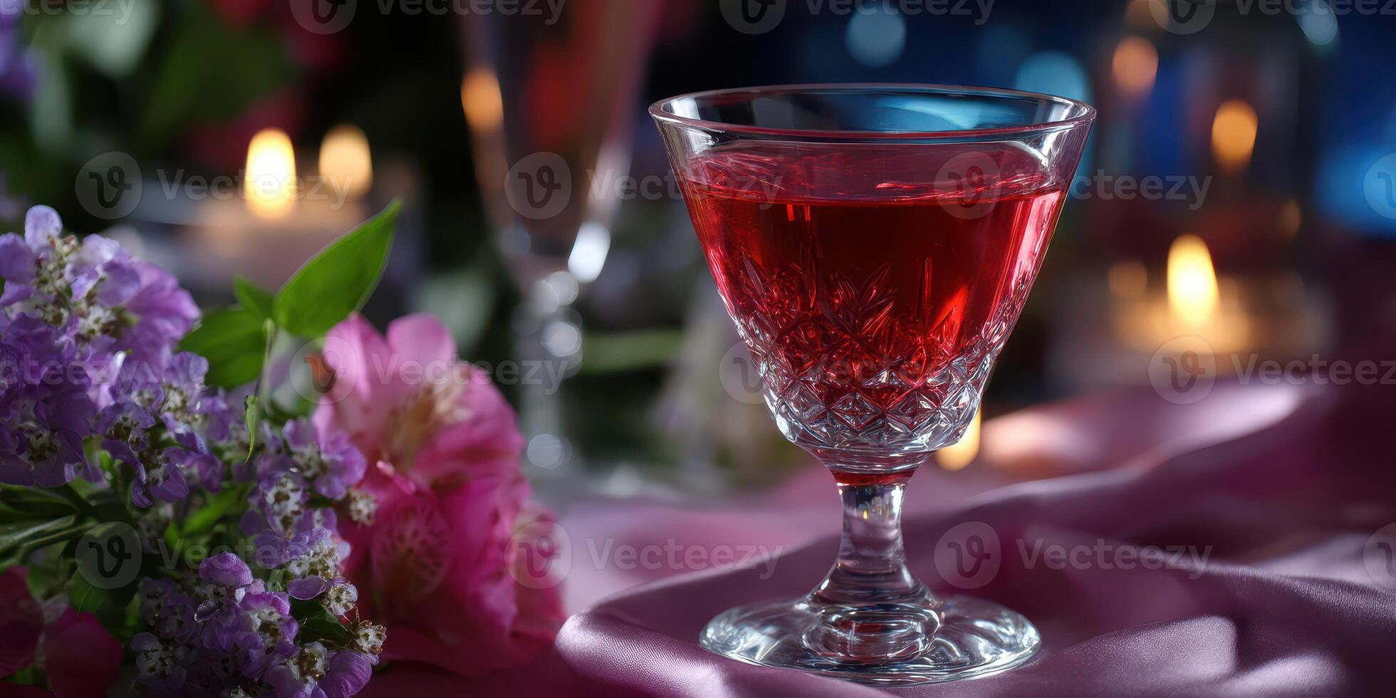 Elegant cocktail garnished with flowers in a romantic setting during evening gathering photo