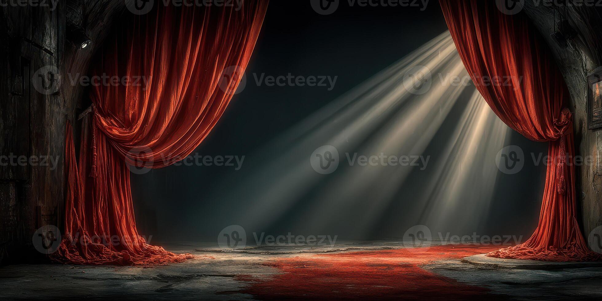 Curtains open revealing a mysterious stage illuminated by beams of light in a dimly lit theater photo