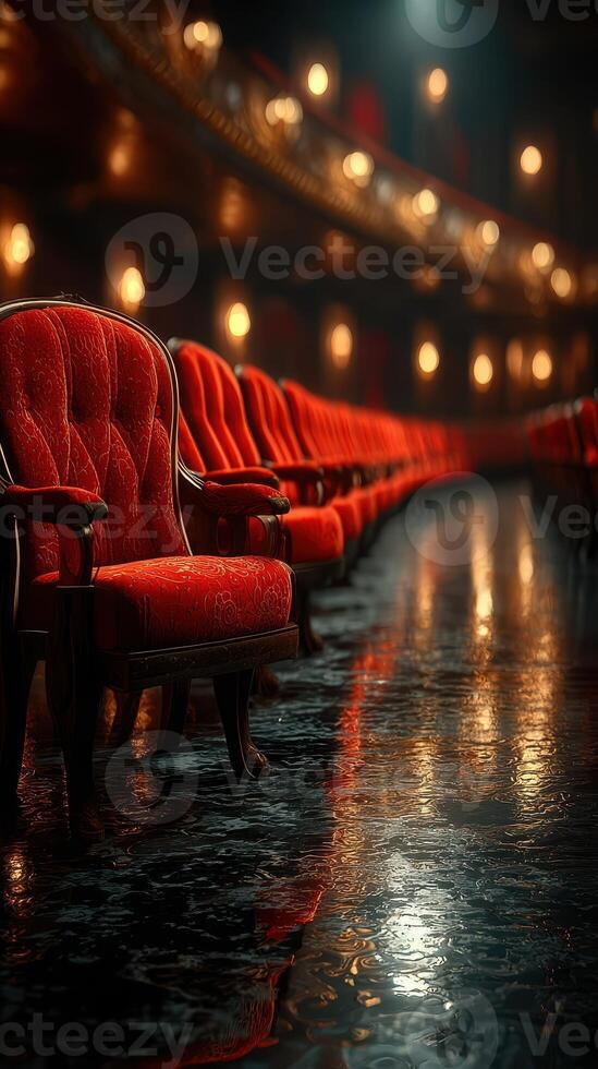 Elegant red velvet chairs in a vintage theater with warm lighting creating a captivating atmosphere before the show photo