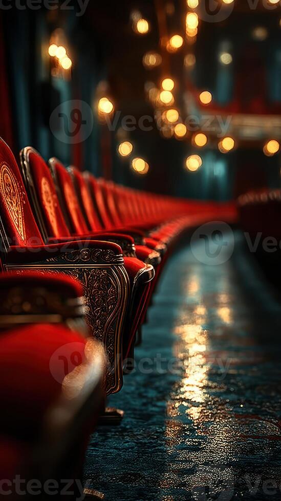 Elegant red chairs line a dimly lit theater awaiting the next performance with ambient lighting creating a rich atmosphere photo
