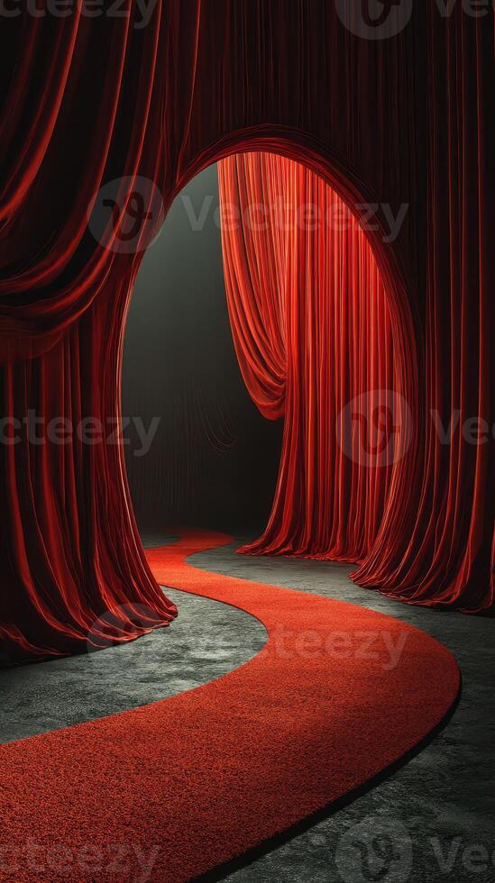 Elegant red curtains draping an inviting pathway in a theatrical setting with soft lighting creating an alluring atmosphere photo