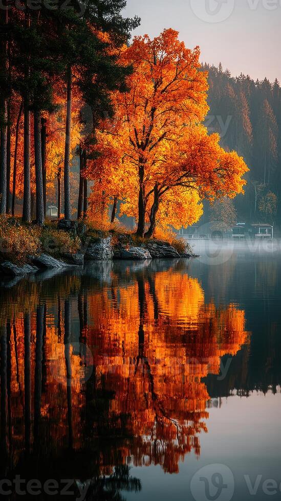 Majestic autumn tree reflecting in calm lake surrounded by colorful foliage at dawn photo