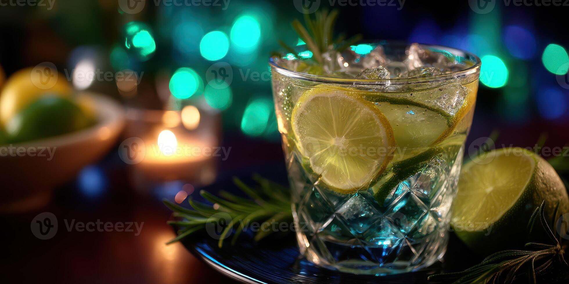 Refreshing cocktail with fresh limes and herbs served at a cozy bar during an evening gathering photo