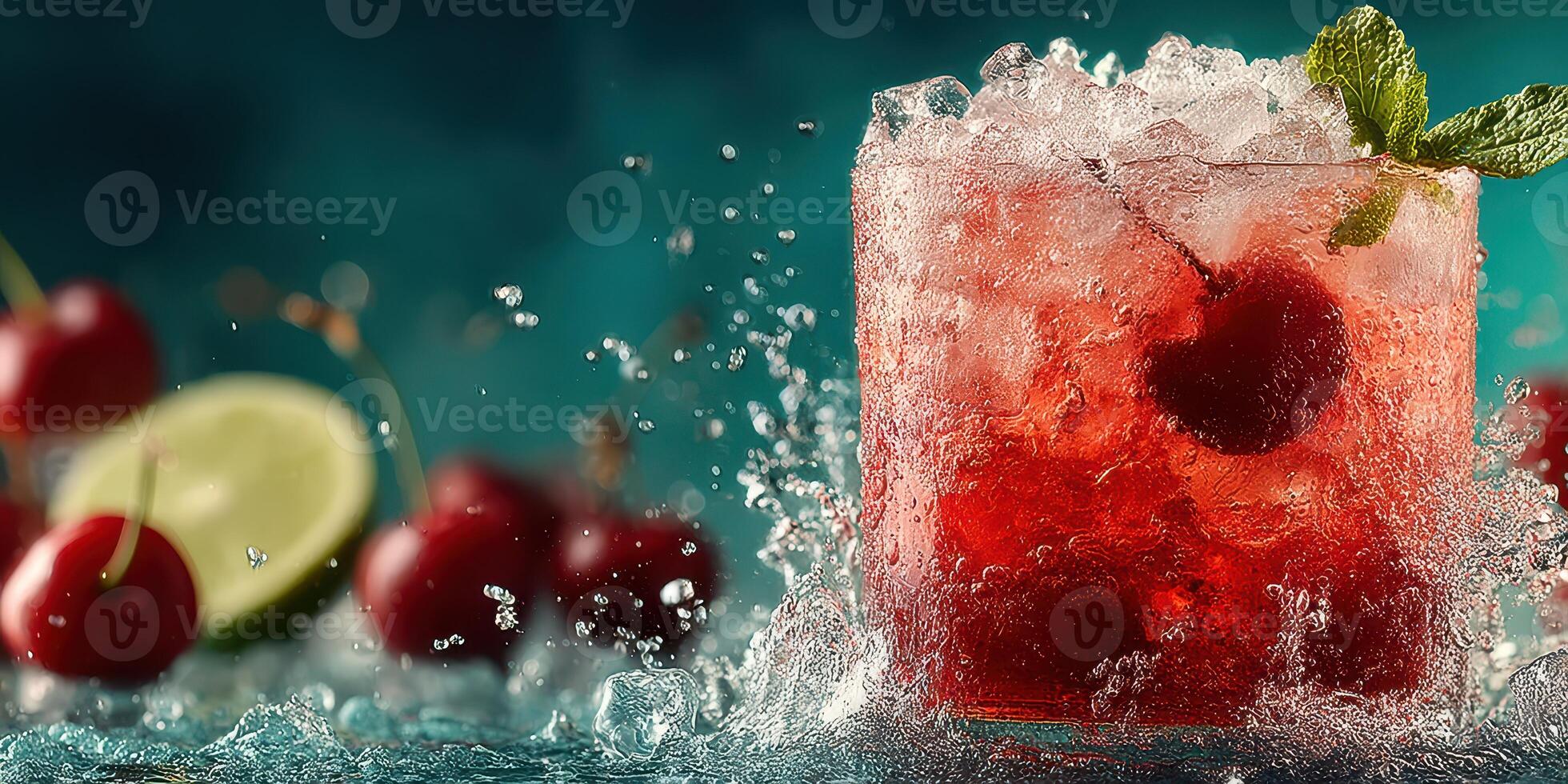 Refreshing cherry cocktail with mint garnished on a vibrant blue background photo