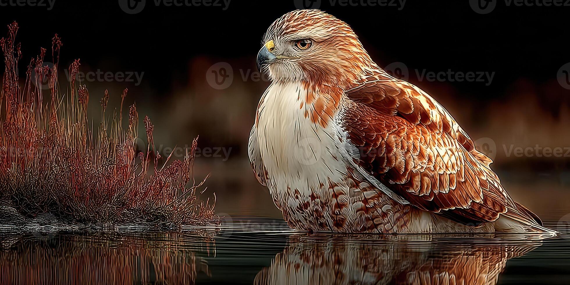 Red-tailed hawk perched in shallow water near reeds under soft evening light in nature setting photo
