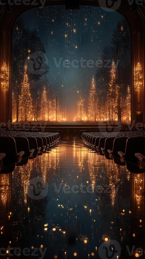 Elegantly decorated theater interior reflecting twinkling lights and trees during a serene evening photo