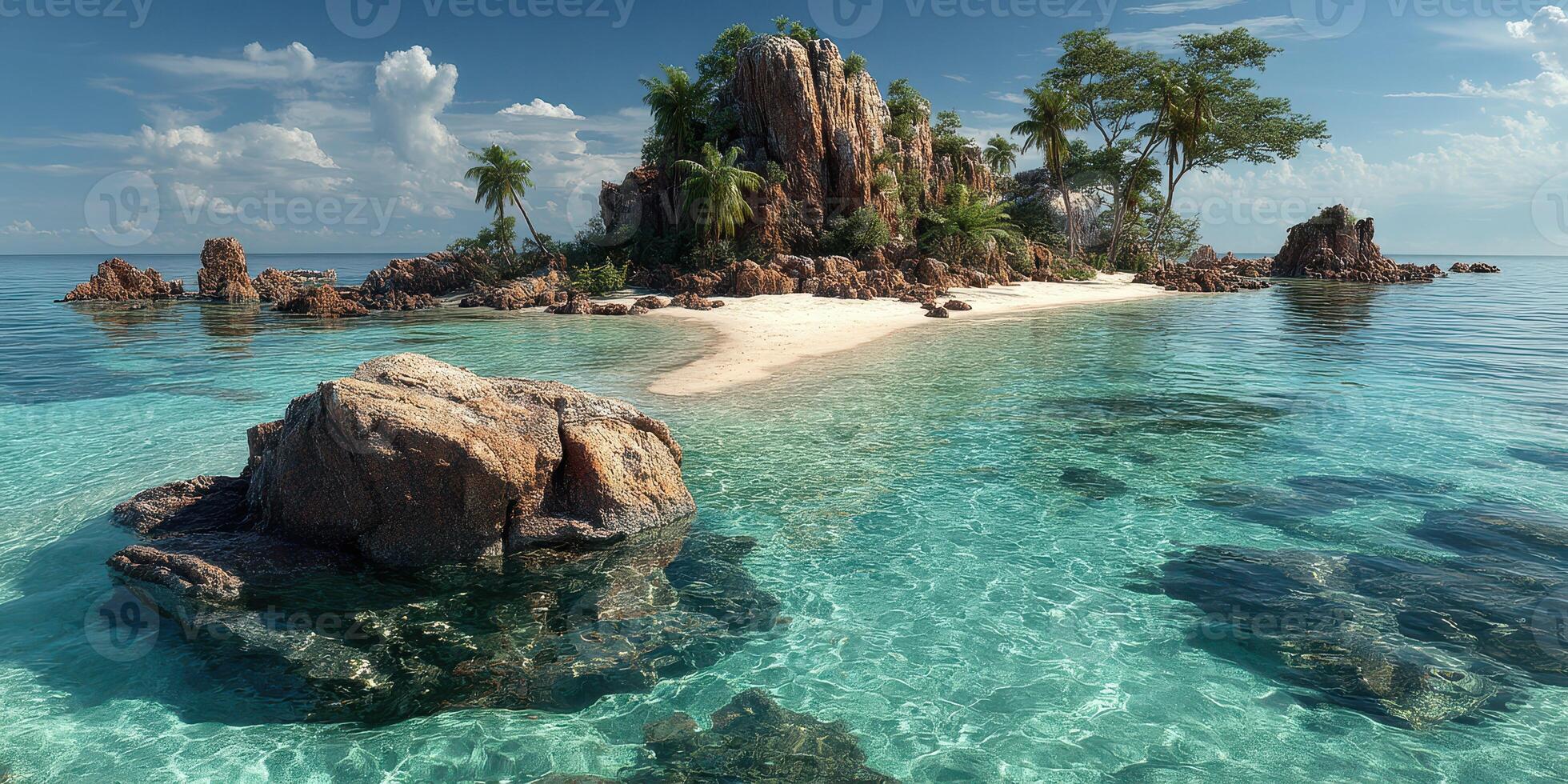 Tropical island getaway with crystal clear waters and lush greenery under a bright blue sky photo