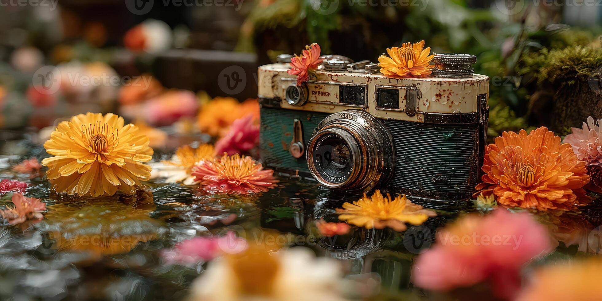 Vintage camera surrounded by colorful flowers in serene water setting during warm daylight photo