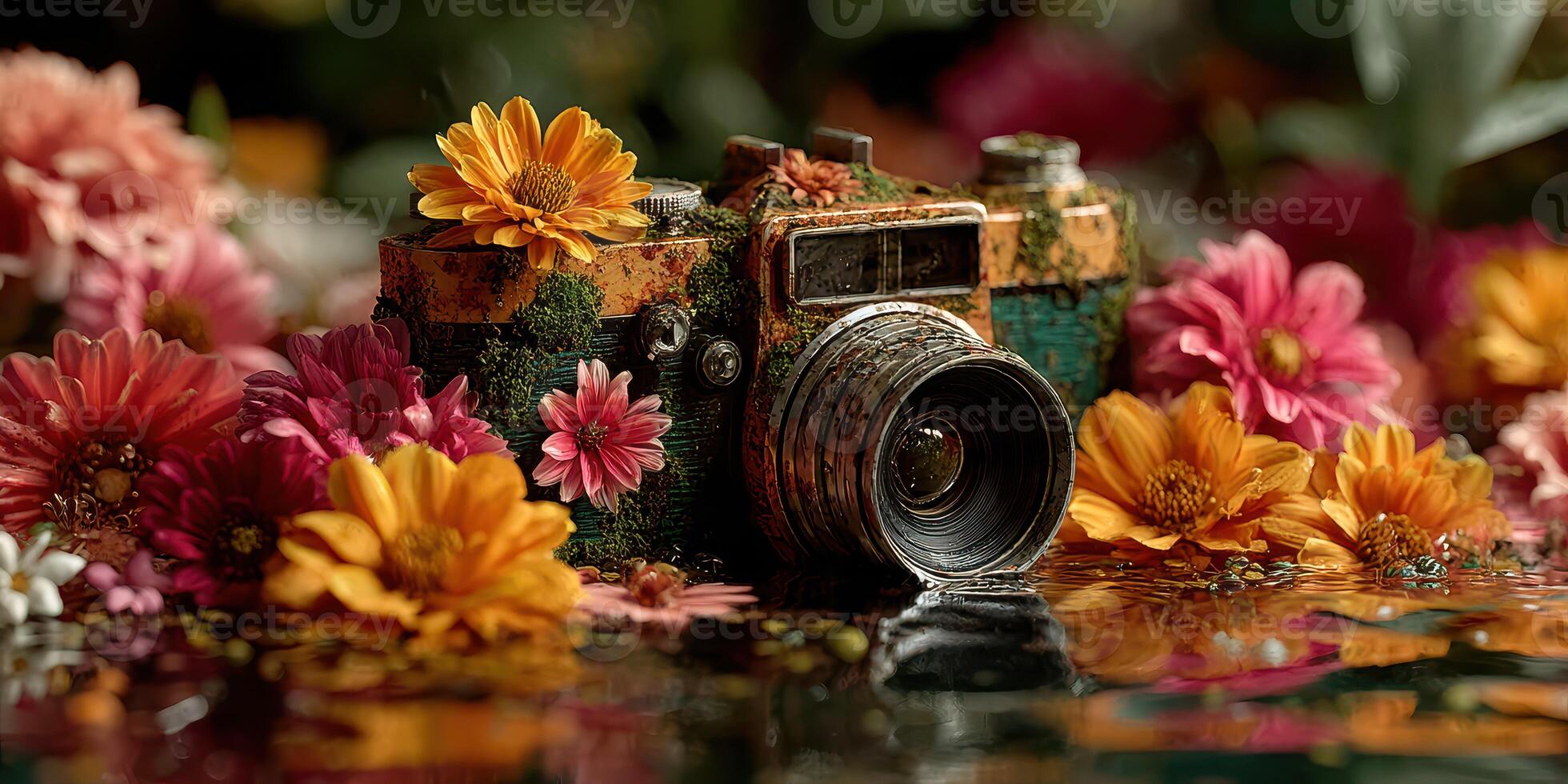Vintage camera surrounded by vibrant flowers on a reflective surface in a serene outdoor setting during daylight photo