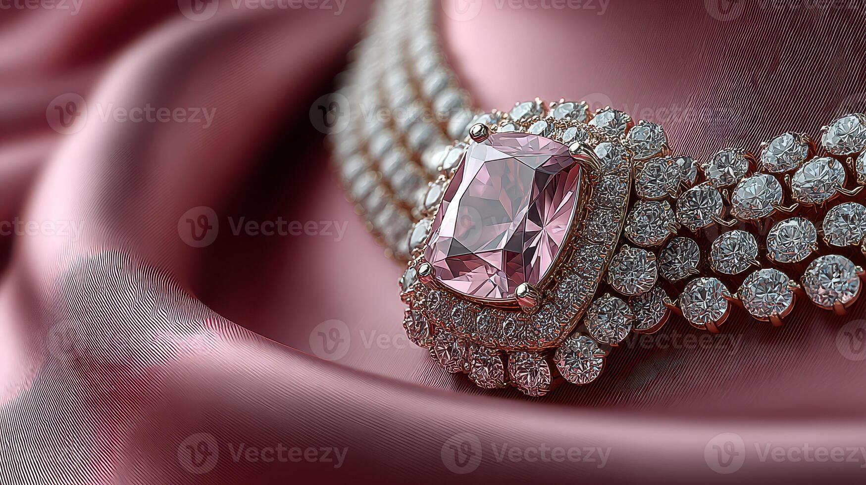 Luxurious pink gemstone necklace elegantly displayed on soft satin fabric in a beautifully lit setting photo