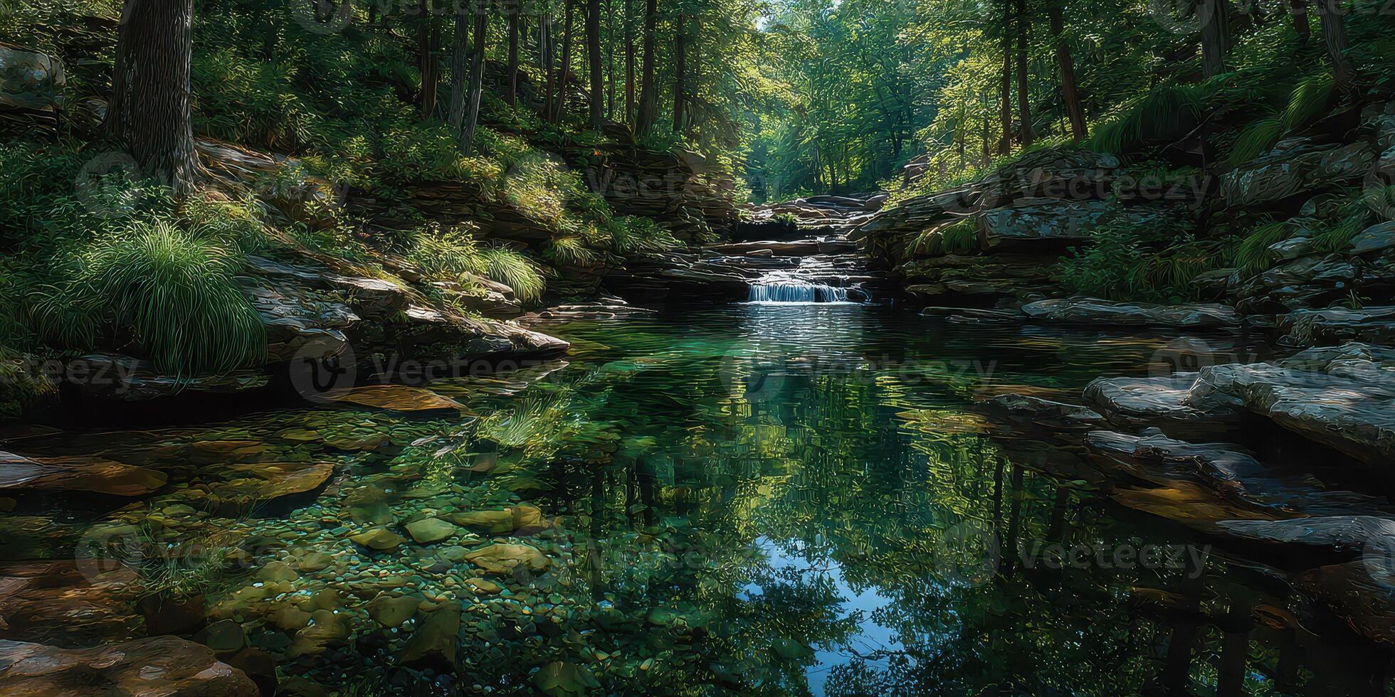 Serenity of a tranquil forest stream with gentle cascades reflecting sunlight on clear water photo