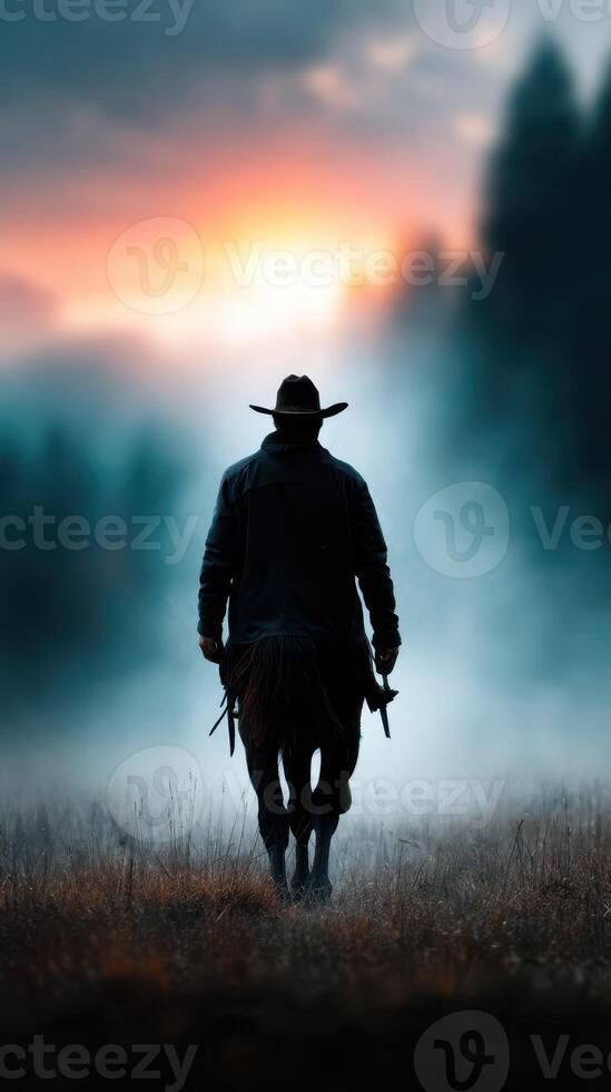 Cowboy rides into sunset with misty mountains in the background during evening light photo