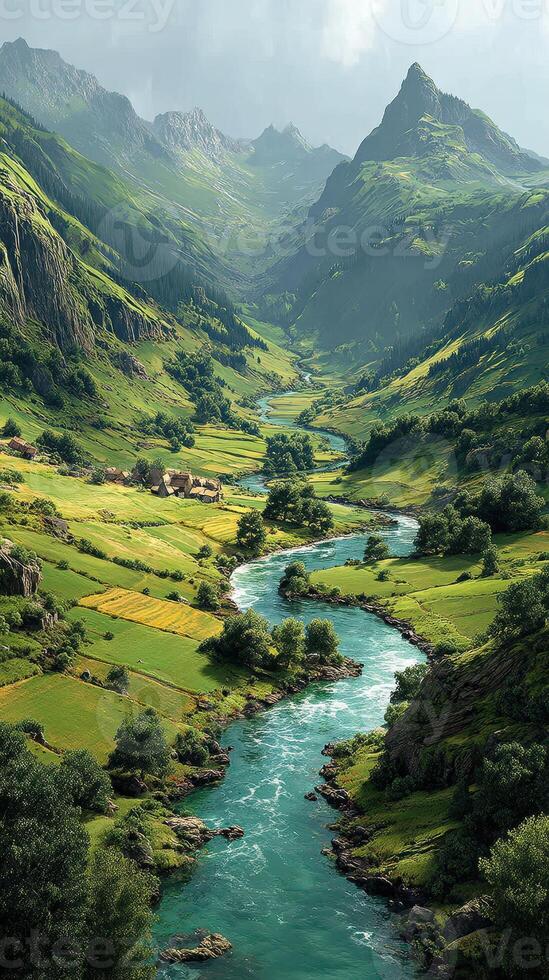 Serene river winding through lush green valley surrounded by majestic mountains in a tranquil landscape during daylight photo
