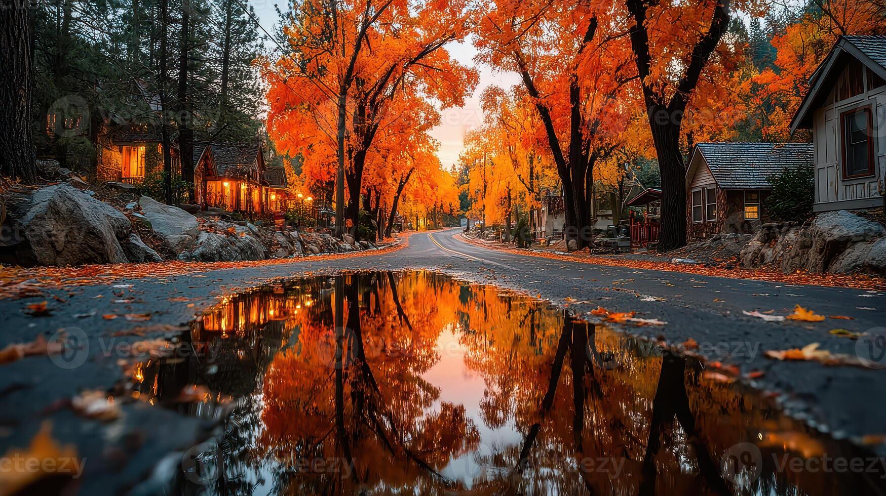 Vibrant autumn colors reflect in puddles along a quiet road lined with rustic cabins at sunset photo