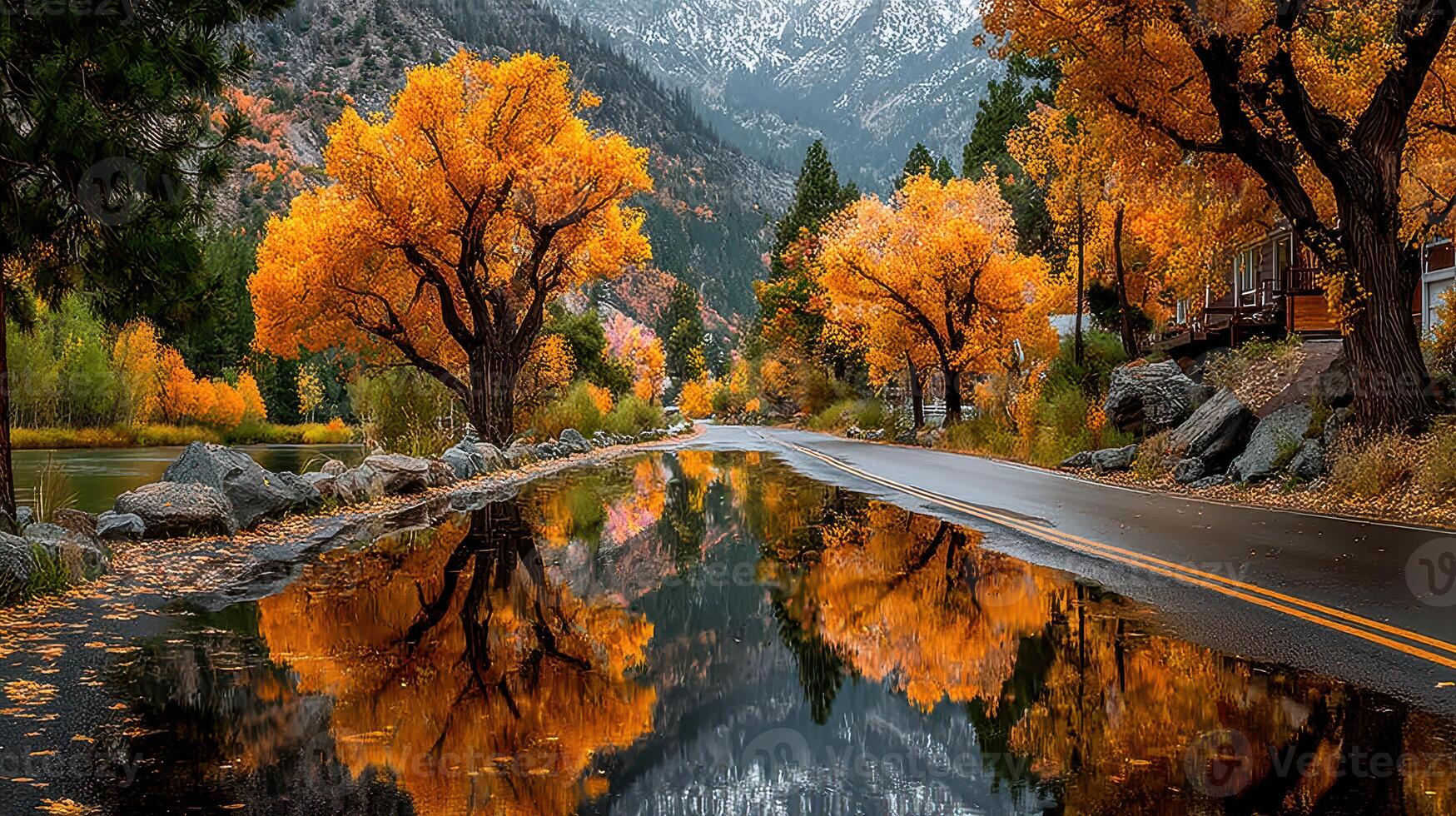 Vibrant autumn trees line a tranquil road reflecting colorful foliage in a serene mountain landscape during golden hour photo