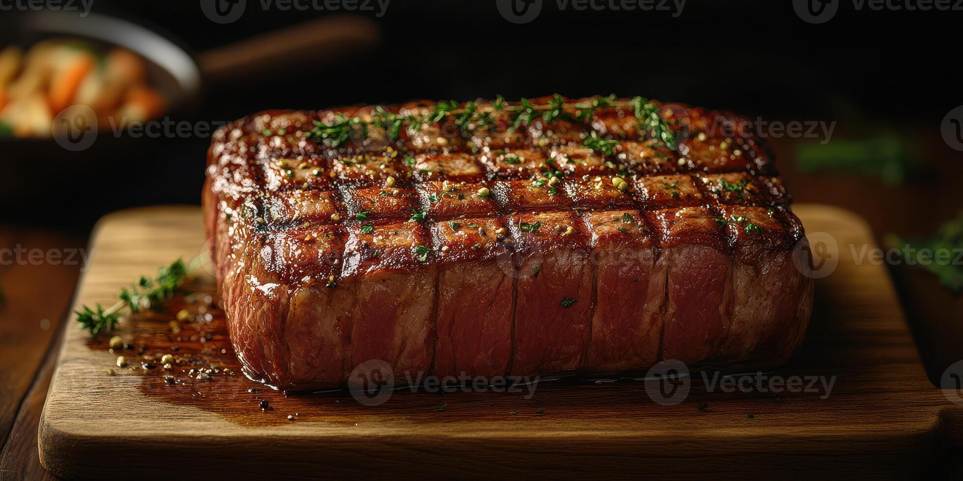 Succulent grilled beef roast resting on wooden cutting board with herb garnish in warm kitchen setting during evening photo