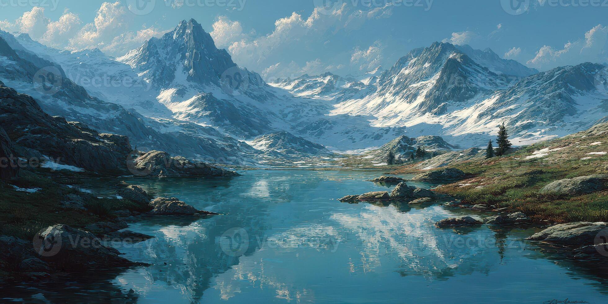 Majestic snow-capped mountains reflect in tranquil lake under clear blue sky at dawn with lush greenery photo