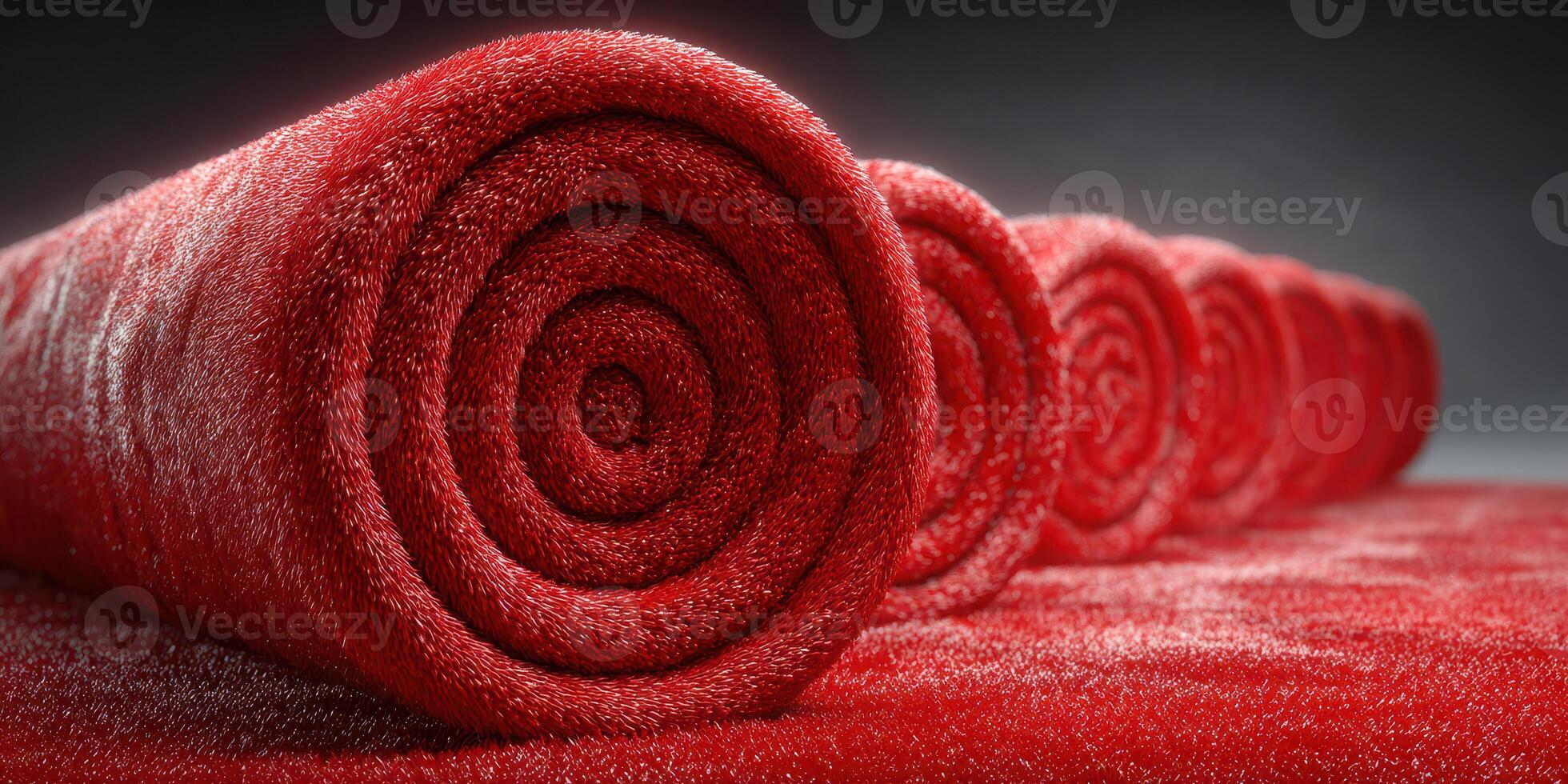 Red rolled blankets arranged neatly on a surface with a dark background creating a cozy and inviting atmosphere photo