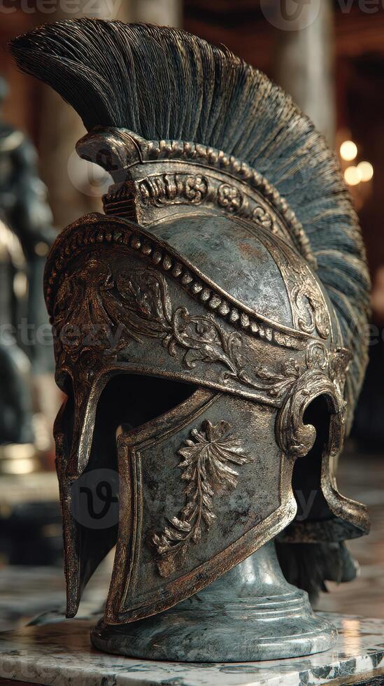 Intricate ancient warrior helmet displayed in a historical artifacts museum during a cultural exhibit on military history photo