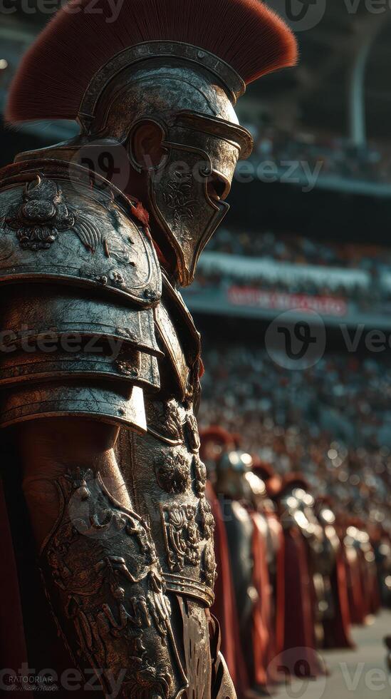Roman soldier stands proudly in full armor during a grand display at a historical reenactment event in an ancient arena photo