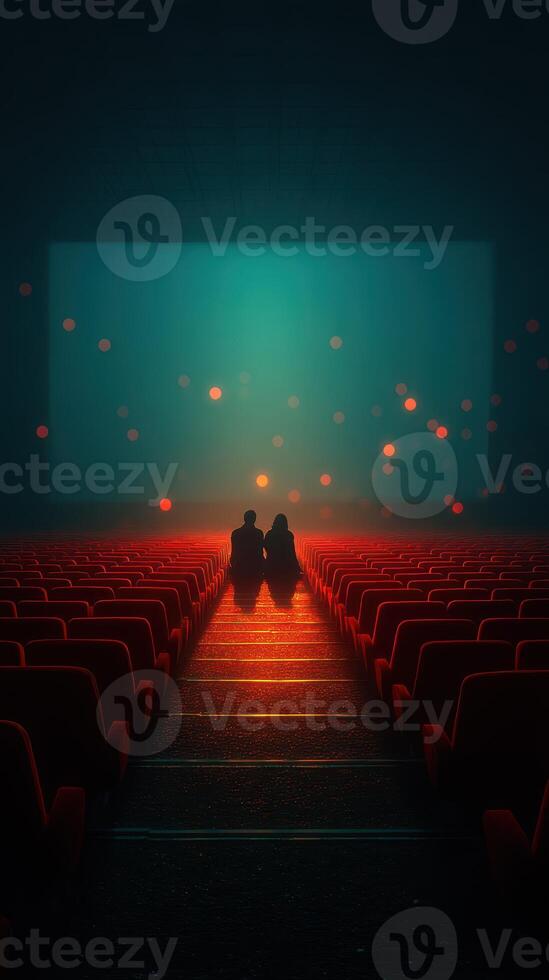 Couple enjoying a quiet moment in a dimly lit cinema with empty red seats and a glowing screen photo