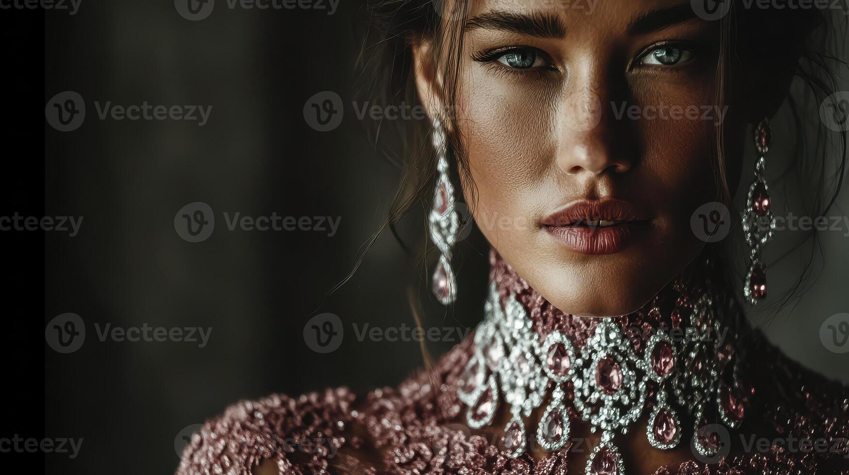 Elegant woman adorned in intricate jewelry poses against a dark background photo