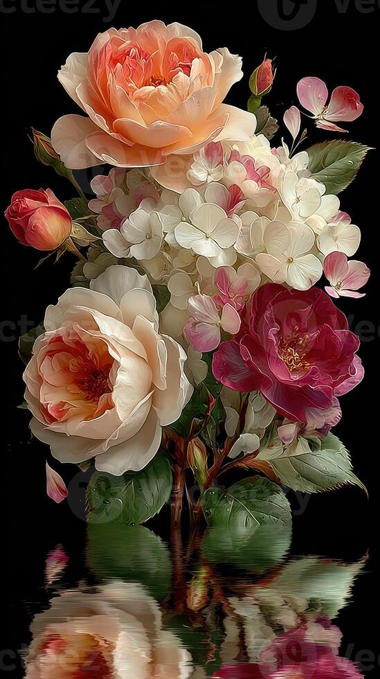 Beautiful arrangement of roses and hydrangeas against a dark background photo